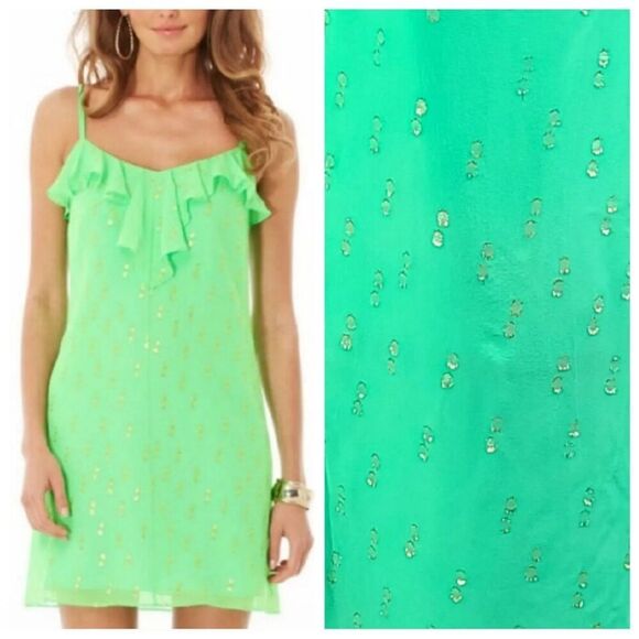 Lilly Pulitzer Gianna dress green silk with gold-tone metallic size M